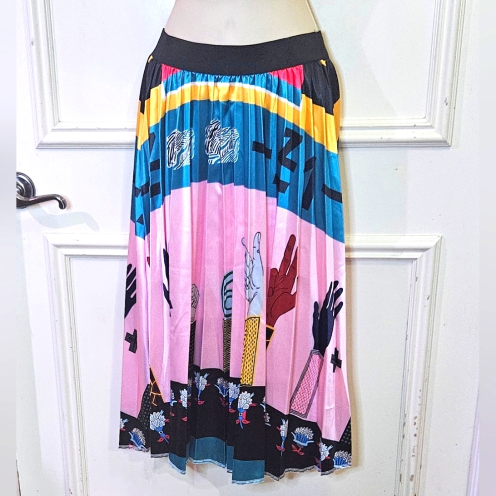 MNOGCC United! Pink/Blue Multi-Color Print Retro Pleated A-Line Skirt, X-Large - Picture 2 of 13